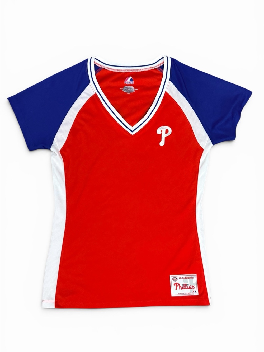 Philadelphia Phillies Majestic Women’s V-Neck Jersey Tee Red Blue Size L